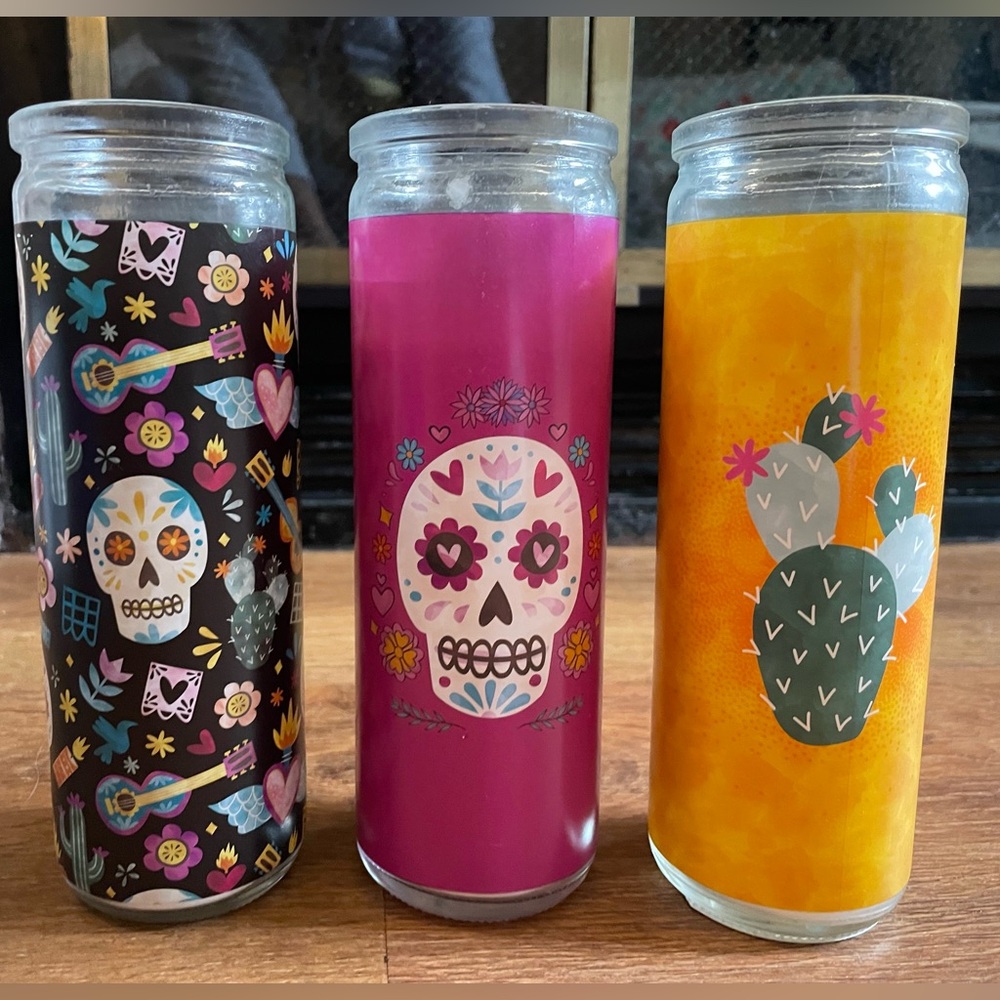 Colorful Skull and Cactus Candle Set
